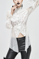 White Chiffon High Collar Front Flare Cuff Back Waist Lace Up Women's Gothic Blouse